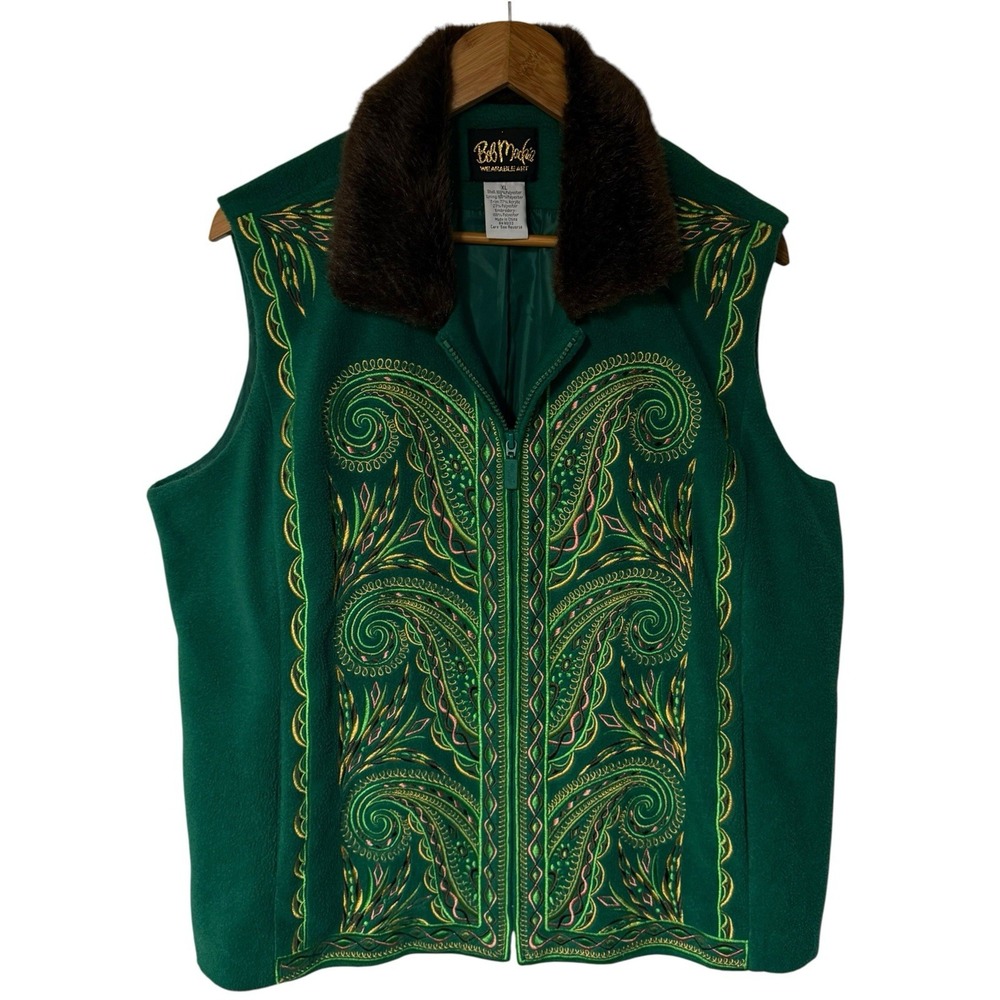Vintage Bob Mackie Wearable Art Fleece Vest Green Paisley Embroidered XL. Nwot